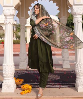 Mahendi color cotton silk fabric designer embroidered heavy ceremonial wear salwar kameez 4