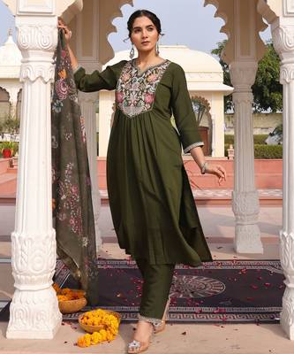 Mahendi color cotton silk fabric designer embroidered heavy ceremonial wear salwar kameez 5
