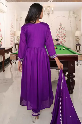Purple color soft silk fabric designer embroidered heavy ceremonial wear salwar kameez