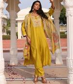 Yellow color cotton silk fabric designer embroidered heavy ceremonial wear salwar kameez