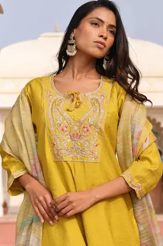 Yellow color cotton silk fabric designer embroidered heavy ceremonial wear salwar kameez
