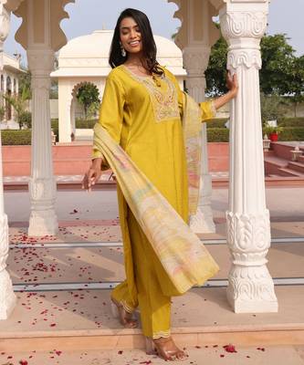 Yellow color cotton silk fabric designer embroidered heavy ceremonial wear salwar kameez 4