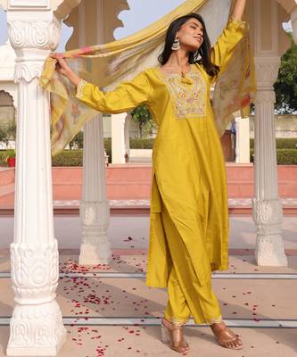 Yellow color cotton silk fabric designer embroidered heavy ceremonial wear salwar kameez 5