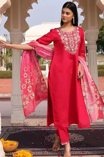 Pink color cotton silk fabric designer embroidered heavy ceremonial wear salwar kameez