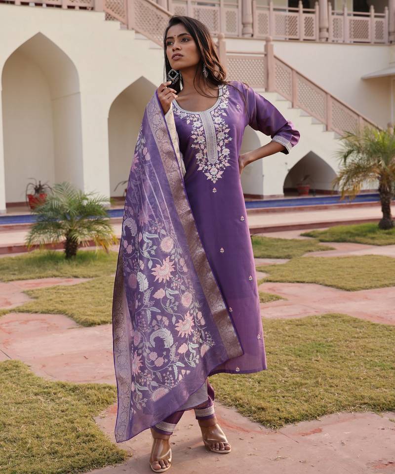 Lavender color simmer silk fabric designer embroidered heavy ceremonial wear salwar kameez