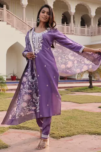 Lavender color simmer silk fabric designer embroidered heavy ceremonial wear salwar kameez