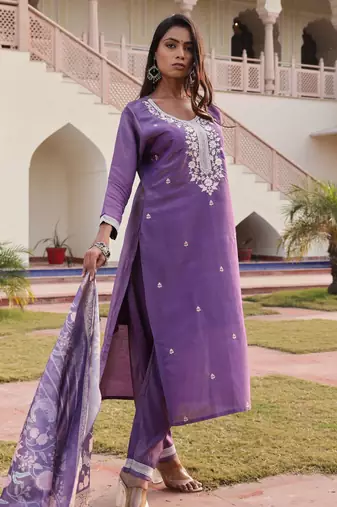 Lavender color simmer silk fabric designer embroidered heavy ceremonial wear salwar kameez