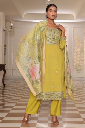 Yellow color cotton silk fabric designer embroidered heavy ceremonial wear salwar kameez