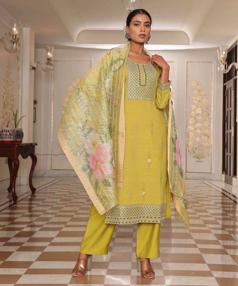 Yellow color cotton silk fabric designer embroidered heavy ceremonial wear salwar kameez