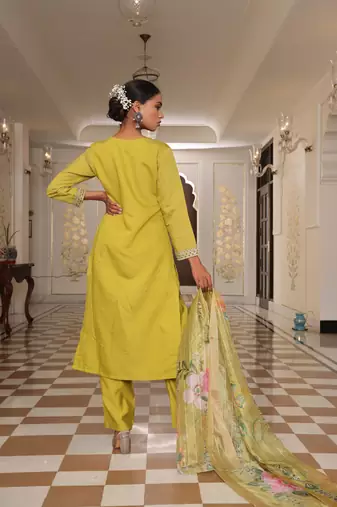Yellow color cotton silk fabric designer embroidered heavy ceremonial wear salwar kameez
