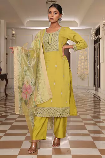 Yellow color cotton silk fabric designer embroidered heavy ceremonial wear salwar kameez