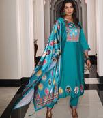 Firozi color viscos simmer fabric designer embroidered heavy ceremonial wear salwar kameez