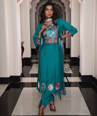 Firozi color viscos simmer fabric designer embroidered heavy ceremonial wear salwar kameez 4