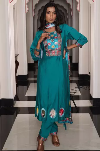 Firozi color viscos simmer fabric designer embroidered heavy ceremonial wear salwar kameez