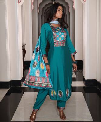 Firozi color viscos simmer fabric designer embroidered heavy ceremonial wear salwar kameez 5