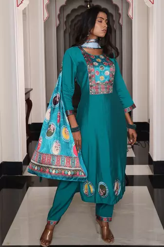 Firozi color viscos simmer fabric designer embroidered heavy ceremonial wear salwar kameez