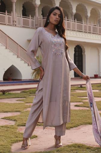 Beige color cotton silk fabric designer embroidered heavy ceremonial wear salwar kameez