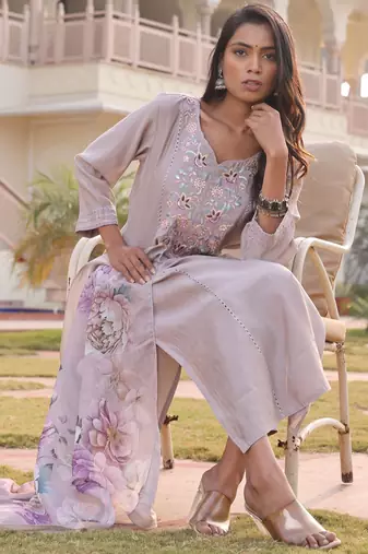 Beige color cotton silk fabric designer embroidered heavy ceremonial wear salwar kameez