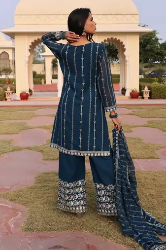 Teal blue color georgette fabric designer embroidered heavy ceremonial wear salwar kameez