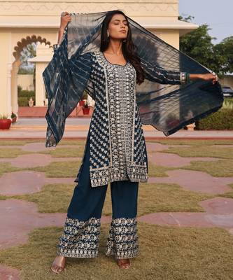 Teal blue color georgette fabric designer embroidered heavy ceremonial wear salwar kameez 4