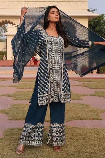 Teal blue color georgette fabric designer embroidered heavy ceremonial wear salwar kameez