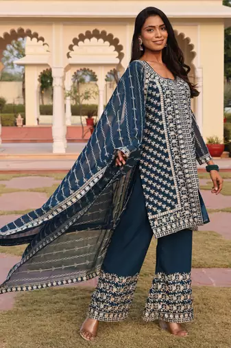 Teal blue color georgette fabric designer embroidered heavy ceremonial wear salwar kameez