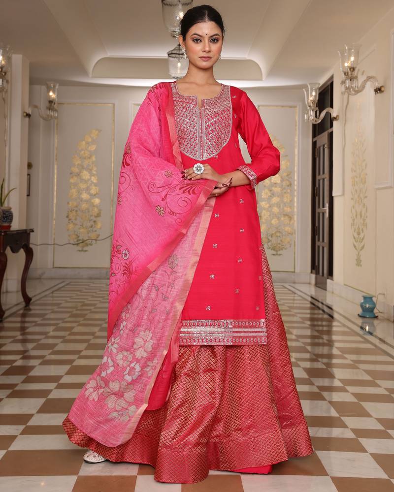 Pink color cotton silk fabric designer embroidered heavy ceremonial wear salwar kameez