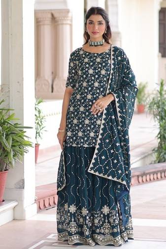 Rama green faux georgette embroidered ready to wear palazzo suit