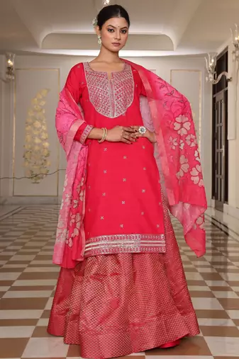 Pink color cotton silk fabric designer embroidered heavy ceremonial wear salwar kameez