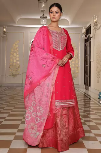 Pink color cotton silk fabric designer embroidered heavy ceremonial wear salwar kameez