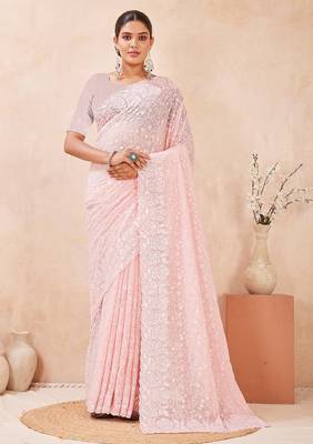 Dusty pink resham & sequins work georgette saree 1