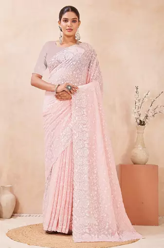 Dusty pink color resham & sequins work georgette saree