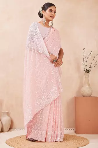 Dusty pink color resham & sequins work georgette saree