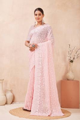 Dusty pink resham & sequins work georgette saree 3