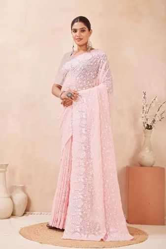Dusty pink color resham & sequins work georgette saree