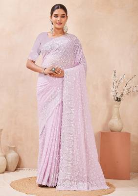 Dusty levender  color resham & sequins work georgette saree 1