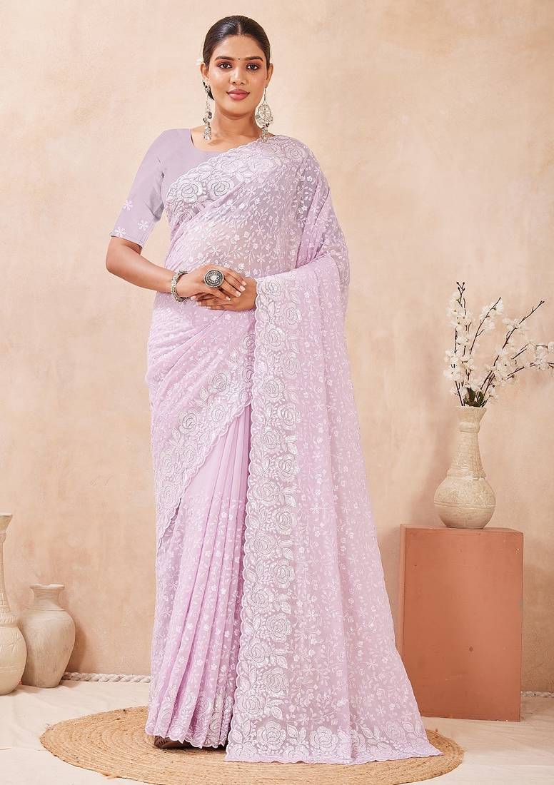 Dusty levender  color resham & sequins work georgette saree