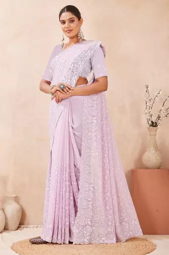 Dusty levender  color resham & sequins work georgette saree