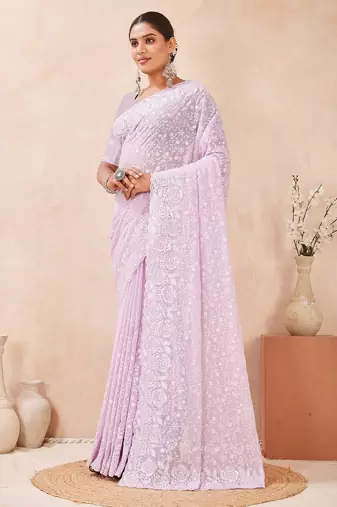 Dusty levender  color resham & sequins work georgette saree