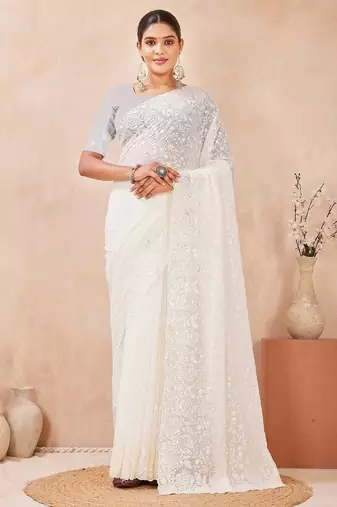 Off white  color resham & sequins work georgette saree