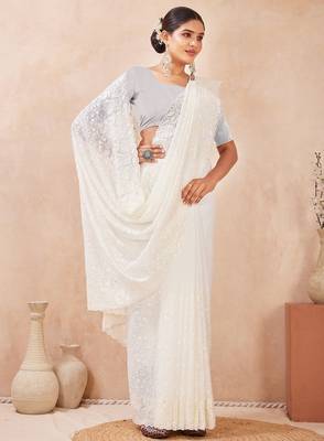 Off white  color resham & sequins work georgette saree 2