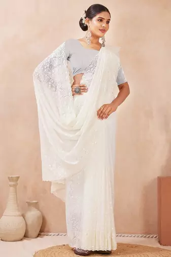 Off white  color resham & sequins work georgette saree