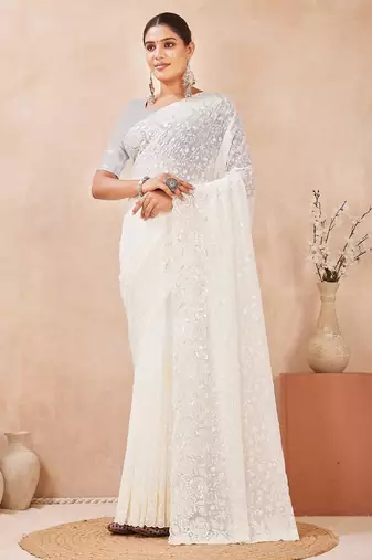 Off white  color resham & sequins work georgette saree