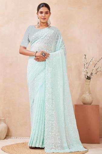 Dusty sky color resham & sequins work georgette saree