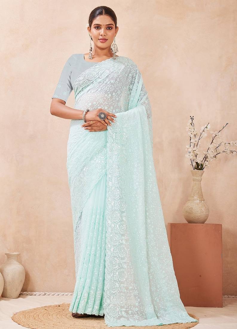 Dusty sky color resham & sequins work georgette saree