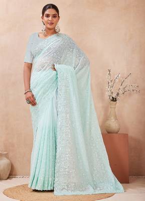 Dusty sky color resham & sequins work georgette saree 2