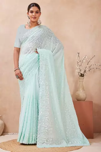 Dusty sky color resham & sequins work georgette saree