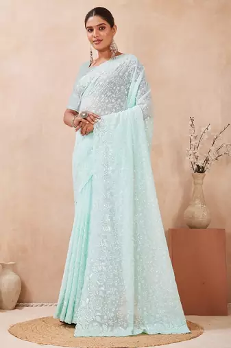 Dusty sky color resham & sequins work georgette saree