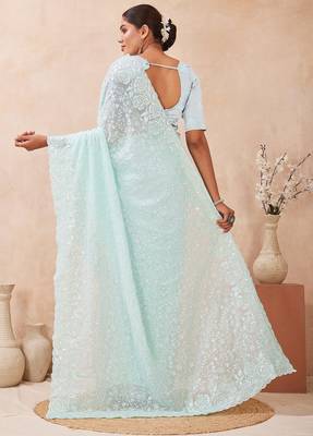 Dusty sky color resham & sequins work georgette saree 4