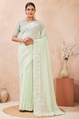 Dusty pista color resham & sequins work georgette saree